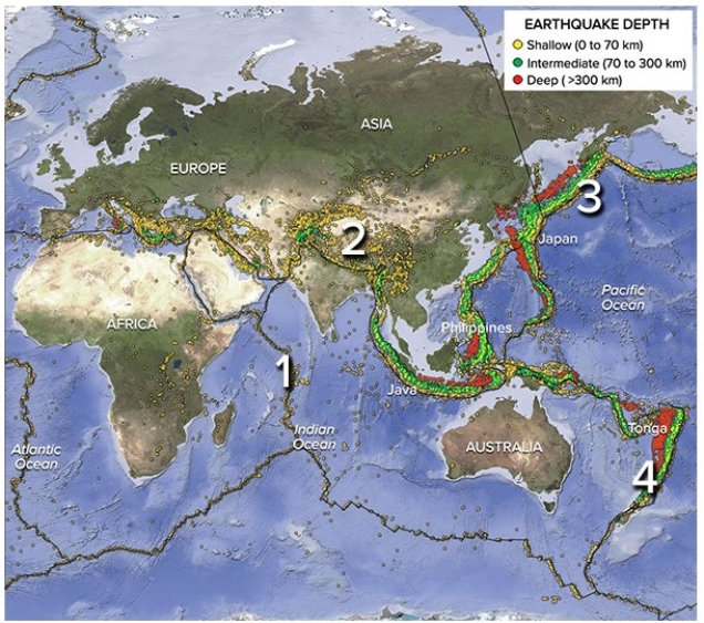 On this map of southeastern Asia and adjacent areas,which site would have earthquakes along a midocean ridge?   A) 1,in the Indian Ocean B) 2,in Tibet C) 3,near Japan D) 4,near the Tonga island arc