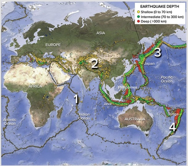 On this map of southeastern Asia and adjacent areas,which site would have earthquakes along a continental collision?   A) 1,in the Indian Ocean B) 2,in Tibet C) 3,near Japan D) 4,near the Tonga island arc