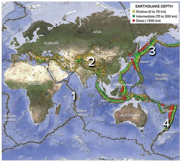 On this map of southeastern Asia and adjacent areas,which site would have earthquakes along a subduction zone?   A) 1,in the Indian Ocean B) 2,in Tibet C) 3,near Japan D) 4,near the Tonga island arc E) 3 and 4
