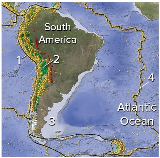 On this map of South America and adjacent areas,which site would have earthquakes along a subduction zone?   A) 1,the oceanic trench B) 2,below the magmatic belt C) 3,along a passive margin D) 4,in the middle of the Atlantic Ocean E) Both 1 and 2.