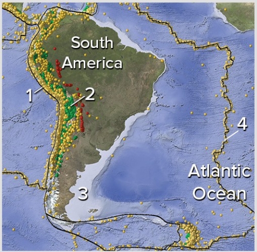 On this map of South America and adjacent areas,which site would have earthquakes related to plate divergence?   A) 1,the oceanic trench B) 2,below the magmatic belt C) 3,along a passive margin D) 4,in the middle of the Atlantic Ocean E) Both 1 and 2