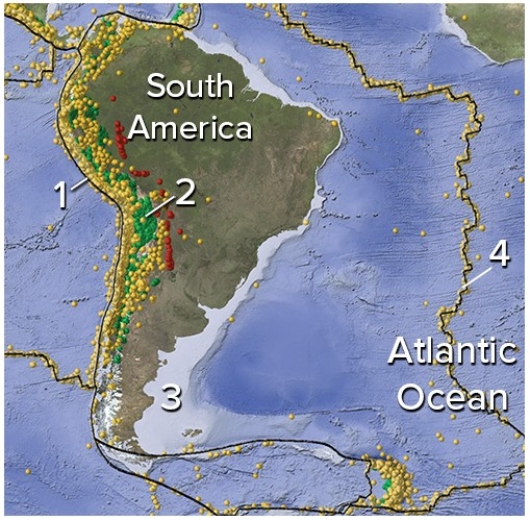 On this map of South America and adjacent areas,which site would have the deepest earthquakes?   A) 1,the oceanic trench B) 2,below the magmatic belt C) 3,along a passive margin D) 4,in the middle of the Atlantic Ocean E) Both 1 and 2