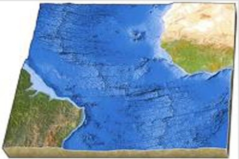 On this map of the south Atlantic,what is the feature that makes a zigzag pattern on the seafloor?   A) Island arc B) Linear island chain C) Subduction zone D) Midocean ridge E) None of these are correct.