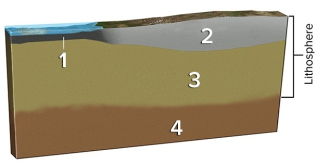 In the diagram below,which layer is able to flow rather than being brittle?   A) 1 because water helps lubricate it B) 2 because the rocks are of a different composition than in the other layers C) 1,2,and 3 because it is not under as much pressure as 4 D) 4 because it is under so much more pressure than 1,2,and 3