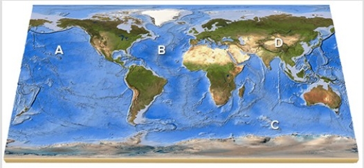 On this map,identify the letter that is over the Atlantic Ocean.   A) A B) B C) C D) D E) Feature is not labeled.