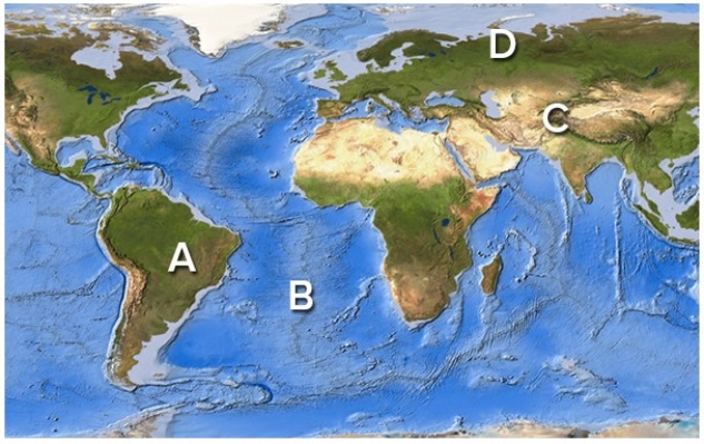 Which areas on this world map are likely to be near a plate boundary?   A) A and B B) A and D C) B and D D) C and D E) A,B,and C