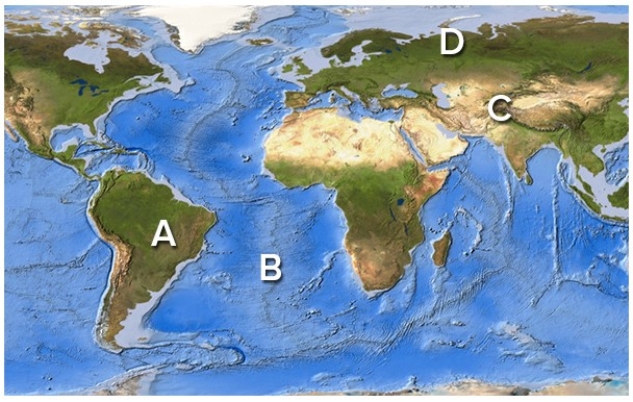 Which area(s) on this world map is likely to have earthquakes?   A) A B) B C) C D) D E) A,B,and C only