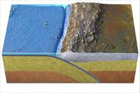 This figure depicts what type of boundary?   A) Oceanic divergent boundary B) Ocean-ocean convergent boundary C) Ocean-continent convergent boundary D) Transform boundary E) Continental collision