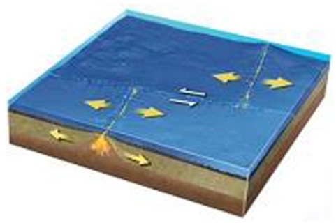 What type of plate boundary is depicted by the smaller arrows in the center of this figure?   A) Divergent boundary B) Convergent boundary C) Transform boundary D) Hot spot E) None of these are correct.