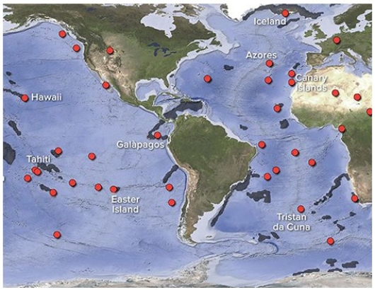 The red dots that coincide with volcanically active island chains shown on the map are called   A) hot spots. B) midocean ridges. C) abyssal plains. D) island arcs.
