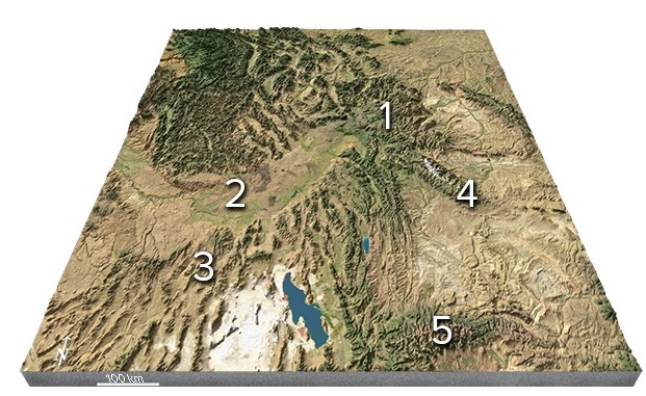 Which feature is interpreted to be in the Yellowstone region (1) ?   A) A continental collision B) A meteorite impact C) A continental hot spot D) A foreland basin
