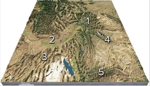 On this map of the area around Yellowstone,which feature is interpreted to record the position of the hot spot over time?   A) 2,The Snake River Plain B) 3,The Uinta Mountains C) 4,The Bonneville Salt Flats D) All of these are correct.