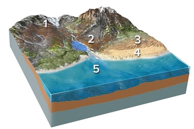 Which of the following locations would contain large,angular rocks that broke away from bedrock and moved downhill?   A) Location 1,along the margins of a glacier B) Location 2,along a steep mountain front C) Location 3,in sand dunes D) Location 4,along a beach E) Location 5,on relatively deep seafloor