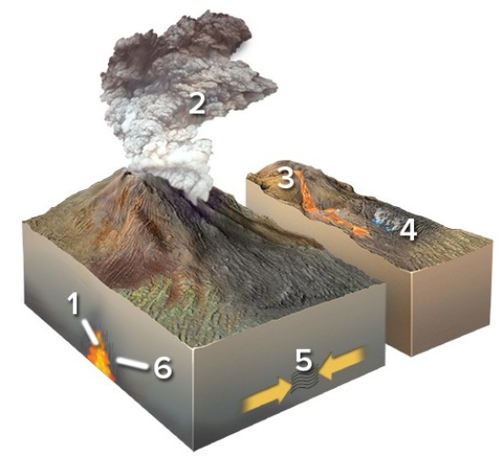 Which of the following locations would form a hydrothermal rock?   A) Location 1 B) Location 2 C) Location 3 D) Location 4 E) Locations 2 and 3