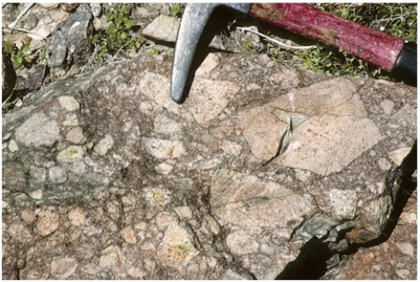 What texture is displayed by the igneous rock in this photograph?   A) Vesicles B) Breccia C) Porphyritic D) Glassy E) None of these are correct.