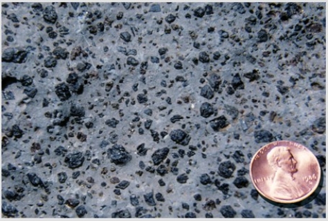 What does this texture indicate about the formation of this rock?   A) It formed from an explosive pyroclastic eruption. B) The rock solidified at great depth. C) The magma formed some crystals before rising closer to the surface and solidifying. D) The magma had abundant dissolved gas.