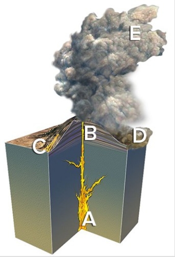 The site on the figure below that would mostly likely form a rock that is fine grained (has small crystals but is not glassy) is   A) A. B) B. C) C. D) D. E) E.