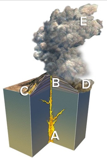 The site on the accompanying figure that would most likely form a rock that has a nonwelded texture with many fine particles is   A) A. B) B. C) C. D) D. E) E.