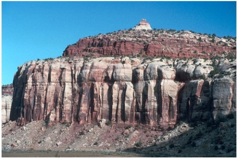What are some components of the landscape shown in this photograph?   A) A natural stain on the outside of the rocks B) Fractures and layers C) Loose rocks covering a slope-forming unit D) Rounding of the upper parts of the cliff E) All of these are correct.