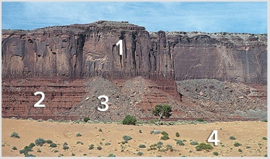 Which locations consist of sediment rather than sedimentary rocks?   A) 1 and 2 B) 2 and 3 C) 3 and 4 D) 1 and 3 E) 2,3,and 4