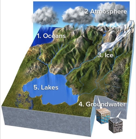 Which of these numbered features contains the least amount of Earth's water?   A) 1 Ocean B) 2 Atmosphere C) 3 Glaciers and ice sheet D) 4 Groundwater E) 5 Lakes