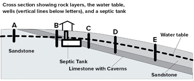 This cross section shows the location of a septic tank with harmful bacteria and 5 wells.Which well is least likely to become contaminated?   A) Well A B) Well B C) Well C D) Well D E) Well E