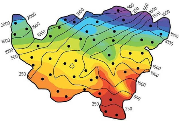 Colors on this map of an imaginary country represent mean annual temperatures (reds above 28 degrees Celsius,blue and purple below 0 degrees Celsius) . In classifying the climate of this imaginary country,the wettest and coolest areas are in the   A) northeast. B) southeast. C) southwest.
