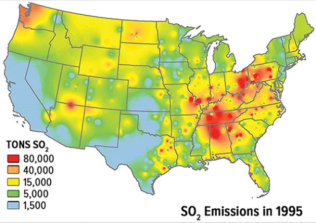 The SO₂emissions displayed in this map derive mainly from the   A) automobile emissions from point sources. B) automobile emissions from nonpoint sources. C) burning of coal from point sources. D) burning of coal from nonpoint sources.