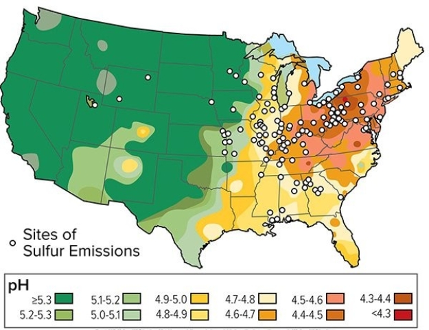 What does this map show about acid rain (low PH) ?   A) California suffers from of high levels of acid rain. B) The Gulf Coast suffers from the highest levels of acid rain. C) The Northeast has high levels of acid rain.