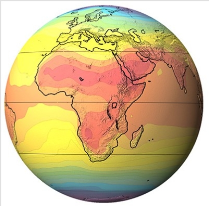 This globe,from the opening two-page spread of the Climate chapter,shows average annual temperature (warmest is red,coolest is purple) .What feature corresponds with the areas with the warmest temperatures?   A) Equator B) Subtropics C) Mid-latitude D) High latitudes