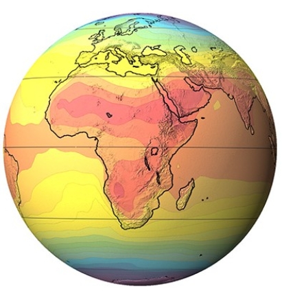 This globe,from the opening two-page spread of the Climate chapter,shows average annual temperature (warmest is red,coolest is purple) .What is the main factor causing Europe to be colder than Africa?   A) Trade winds B) Westerlies C) Amount of insolation D) Ocean currents