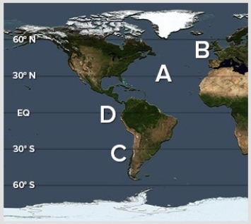 Where on the following world map are the lowest salinities?   A) A B) B C) C D) D