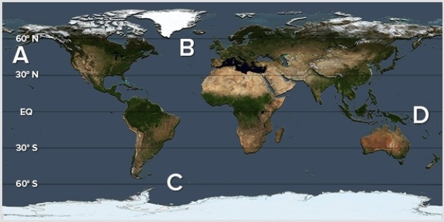 Which of the following locations is associated with sinking of cold saline waters forming the North Atlantic deep waters (NADW) ?   A) A B) B C) C D) D