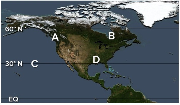 Which of the following locations would be characterized by warmer conditions than during an El Niño?   A) A B) B C) C D) D