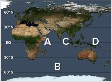 The Indian Ocean Dipole (IOD) is air mainly descending at ________ and rising at ________.   A) A; C B) A; D C) C; A D) C; B