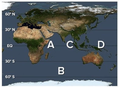 A positive phase of the Indian Ocean Dipole (IOD) results in warmer than average surface waters at ________ and cooler than average waters at ________.   A) A; C B) A; D C) C; A D) C; B