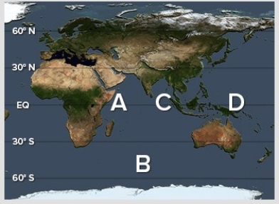 A negative phase of the Indian Ocean Dipole (IOD) results in warmer than average surface waters at ________ and cooler than average waters at ________.   A) A; C B) A; D C) C; A D) C; B