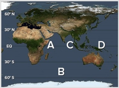 A positive phase of the Indian Ocean Dipole (IOD) results in warmer than average surface waters at ________ and cooler than average waters at ________.   A) A; C B) A; D C) C; A D) C; B