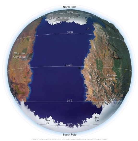 This image shows the hypothetical planet in the investigation for the ocean interactions chapter.The ocean that completely surrounds Polar Continent in the Northern Hemisphere is likely to contain:   A) very warm water. B) no icebergs. C) water that is more saline in some areas than others. D) All of these choices are correct.