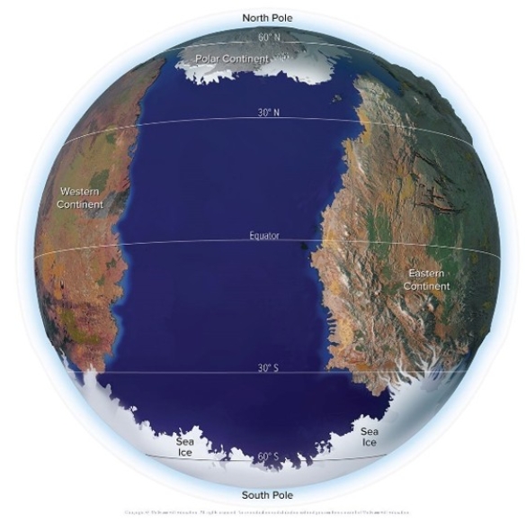 This image shows the hypothetical planet in the investigation for the ocean interactions chapter.What type of prevailing winds are most likely between the equator and 30° N?   A) Trade winds B) Westerlies C) Polar easterlies D) No winds