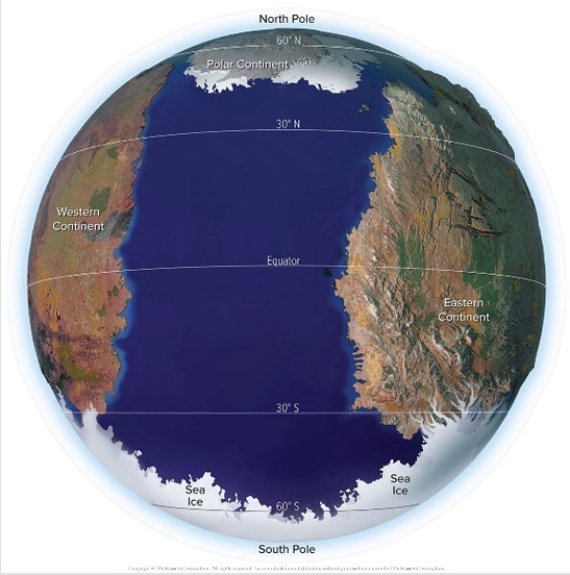 This image shows the hypothetical planet in the investigation for the ocean interactions chapter.What type of prevailing winds are most likely between 30° N and 60° N?   A) Trade winds B) Westerlies C) Polar easterlies D) No winds