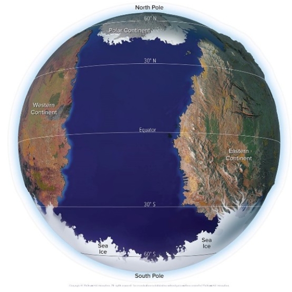This image shows the hypothetical planet in the investigation for the ocean interactions chapter.What type prevailing winds are most likely between 60° N and the North Pole?   A) Trade winds B) Westerlies C) Polar easterlies D) No winds