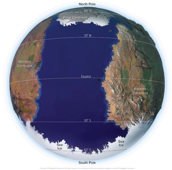 This image shows the hypothetical planet in the investigation for the ocean interactions chapter.Where is the most likely site for a rain shadow associated with the mountains on the west coast of the Eastern Continent?   A) In the Northern Hemisphere of the Western Continent B) In the Southern Hemisphere of the Western Continent C) Near the Polar Continent D) None of these choices are correct