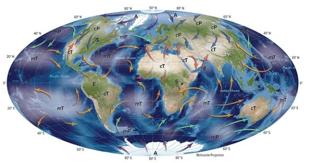 The cP air masses pictured here originate   A) over land masses and bring cold air during the winter. B) over land masses and bring warm air during the summer. C) over water and bring warm air during the summer. D) over water and bring cold air during the winter.