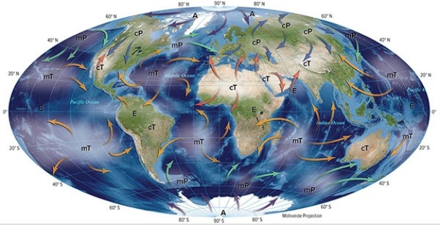 The mT air masses pictured here originate   A) over water,are stable,and bring cold air during the summer. B) over water,are unstable,and bring warm air during the winter. C) over land,are stable,and bring cold air during the summer. D) over land,are unstable,and bring warm air during the winter.