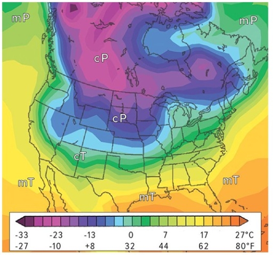 Which of the following air masses pictured here is typically unstable,with cold air overlying warm air? The westerlies often push this cool,damp wind of this air mass eastward.   A) cT B) cP C) mP D) mT