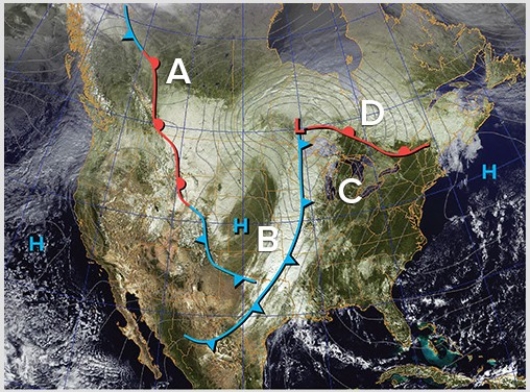 Find the stationary front located in northwestern Canada.The likely air mass to the west of the stationary front is a ________ airmass that is likely to be ________ than the air mass to the east.   A) mT; warmer B) mP; warmer C) cP; cooler D) cP; warmer