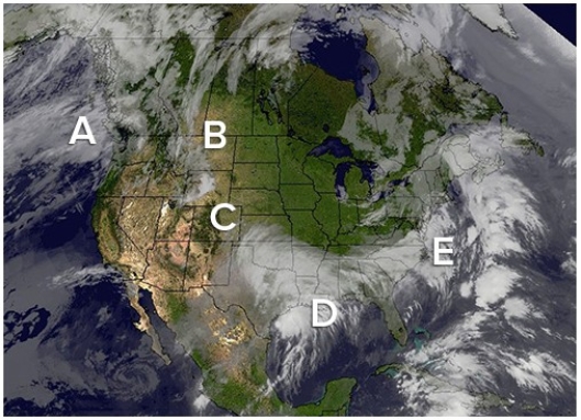 Which of the following locations would best represent a storm track characterized as bringing cold moist air to inland Canada?   A) A B) B C) C D) D E) E