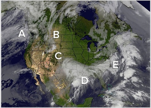 Which of the following locations would spawn a storm track known as a  Noreaster  that is difficult to forecast and can bring heavy snow?   A) A B) B C) C D) D E) E