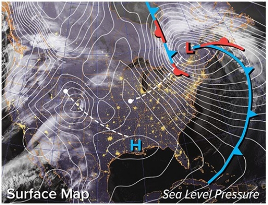 Which of the following best explains for the midlatitude cyclone tracking to the northeast and strengthening?   A) Upper air accelerating and converging B) Upper air slowing and diverging C) Upper air accelerating and diverging D) Surface level winds accelerating and diverging